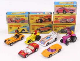 Matchbox Lesney Superfast boxed model group of 6 comprising No. 19 Road Dragster, No. 66 Mazda RX
