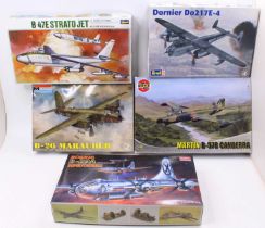 A collection of five various mixed scale plastic aircraft kits by Academy, Hasegawa, Revell, and