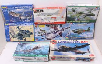 A collection of eight various mixed scale plastic aircraft kits by Tamiya Airfix and Revell,