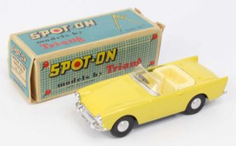 Spot-On No.191 Sunbeam Alpine Sports Car, yellow body, pale cream interior and steering wheel,