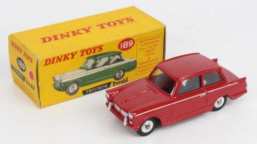 Dinky Toys, 189 Triumph Herald saloon, rare issue, red body with silver lining, red spots applied
