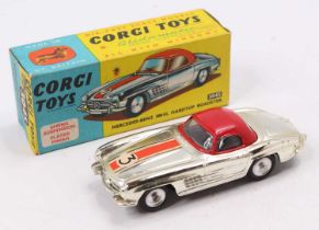 Corgi Toys, 304S, Mercedes Benz 300SL Hardtop Roadster, chrome body with red roof, racing number