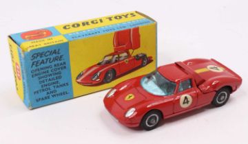 Corgi Toys No. 314 Ferrari Berlinetta 250 Le Mans, comprising of red body with wirework hubs and
