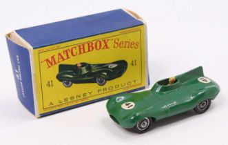 Matchbox Lesney No.41b, Jaguar D Type, green body with racing number 41, wire wheels, with brown