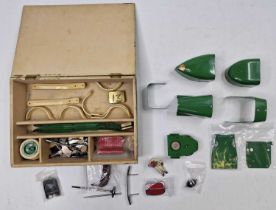 A wooden box containing a quantity of Meccano constructor Car original components, contents mainly