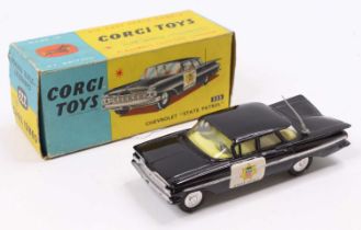 Corgi Toys No. 223 Chevrolet State Patrol Police car, comprising of black body with State Patrol