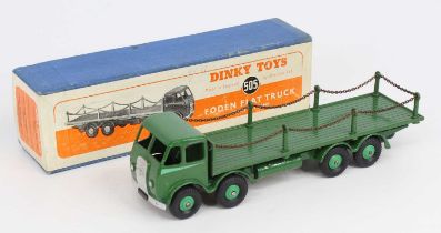 Dinky Toys, 505 Foden flat truck with chains, 1st type cab, dark green cab, chassis and flatbed with
