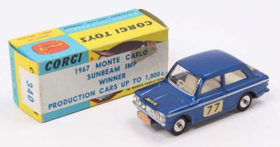 Corgi Toys, No.340 Sunbeam Imp "Rallye Monte Carlo" metallic blue, off-white interior, cast hubs,