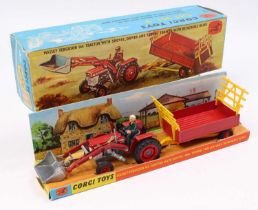 A Corgi Toys gift set No. 9 Massey Ferguson 165 tractor & shovel, with tipping trailer attachment,