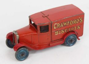Dinky Toys, pre-war 28L delivery van 'CRAWFORDS' type 1 lead, red, blue wash wheels 'Crawfords