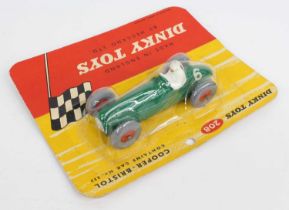 Dinky Toys No. 208 Cooper Bristol racing car comprising green body with racing No. 6 and red plastic