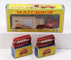 Matchbox Lesney boxed model group of 3 comprising 2x No. 56 Trolleybus, both are in red, with