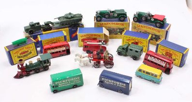 Matchbox Lesney boxed and loose model group, with examples including 2x No. 56 London Trolleybus,