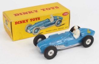 Dinky Toys No. 230 Talbot Lago racing car comprising blue body with white driver and racing No. 4,