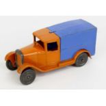 Dinky Toys No. 22D pre-war delivery van comprising orange body and chassis with blue back,