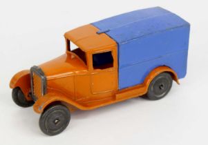 Dinky Toys No. 22D pre-war delivery van comprising orange body and chassis with blue back,