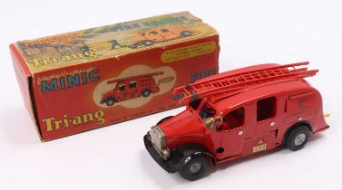 Triang Minic Fire Engine, 1950's example, red body with both red plastic ladders (one is broken),