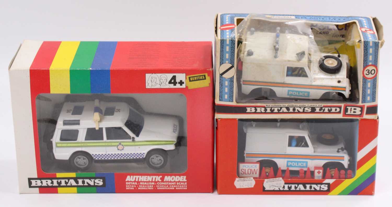 A Britains emergency services Landrover diecast group to include a No. 9481 Police Landrover