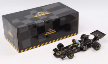 A Grand Prix Classics by Exoto 1/18 scale model of a Lotus 72D racing car, comprising black & gold