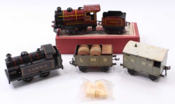 Small tray containing a ‘mixed bag’ of 0-gauge items: Brimtoy 0-4-0 clockwork loco & tender no.7000,