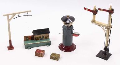 Shoebox containing accessories for 0-gauge: Two tone signal bell, marked Germany without maker’s