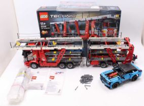 A Lego Technic No. 42098 made-up model of car transporter and load, sold with the original box,