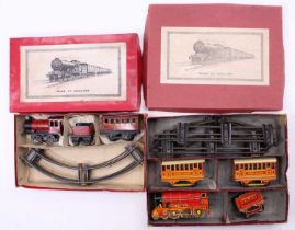 Two Brimtoy clockwork train sets: ‘Royal Scot’ 0-4-0 no.7171 with ‘LMS’ tender, red with yellow