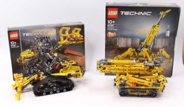 A Lego Technic boxed construction vehicle group, two examples to include a No. 42097 Compact Crawler