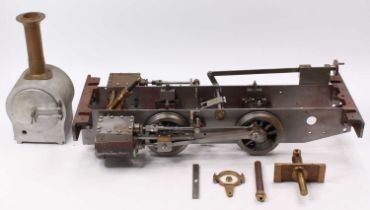 A part-built 5" gauge live steam Polly Designs locomotive, comprising of wheel frames, chassis,