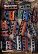 Tray of 17 small 4-wheel coaches, some Brimtoy, others unidentified. Overall (VG-E)