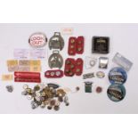 A shoebox containing a quantity of railway interest badges, buttons, old tickets, enamel arm