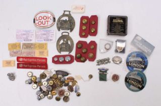 A shoebox containing a quantity of railway interest badges, buttons, old tickets, enamel arm