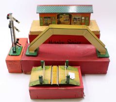 Four Hornby items: 1929-30 No.1 ‘Wayside’ station, red brick building, yellow/cream platform, on