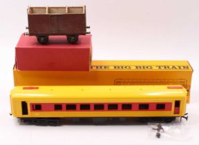 Triang Big Big Train bogie coach, yellow & red, Hornby coupling one end, B/Lowke type other end (