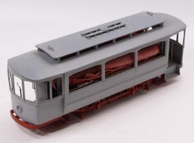 A G-scale single decker tram, a kit built example which requires finishing