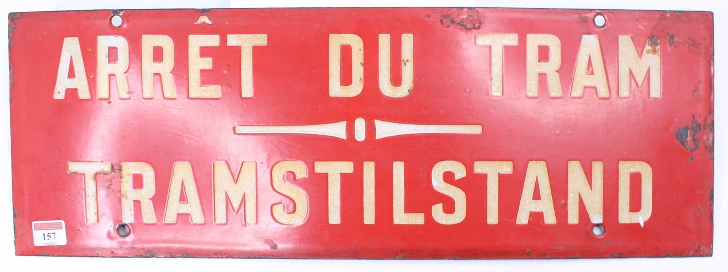 An original Belgium Tramways enamel Stop sign, white on red example, reading Arret du tram, tram