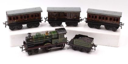 Bing loco & tender with three coaches: 4-4-0 loco, 410 on cab-side, clockwork, green lined