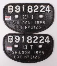 A pair of British Railways 13 ton Shildon 1958 wagon plates reading B918224, rare opportunity to