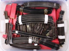 Large plastic crate containing Hornby-Dublo and modern Hornby 2-rail track. Sufficient to build a