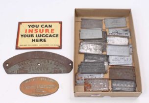 One tray of vintage railway interest signs and ticket printing plates to include Newmarket interest,