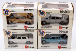 Burago 1/24th scale No. 0134 Rolls Royce Silver Shadow II group of 4 in different colours - metallic