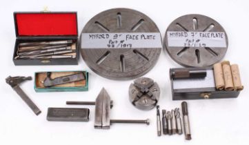 Collection of Myford Lathe Tools, to include 7" Back plate/9" back plate, box-collets, reamers,