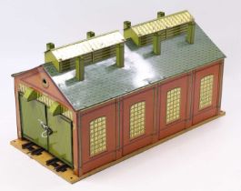 1928-33 Hornby No.2 Engine Shed, clockwork, yellow cream base, ridge tiles same colour as roof tiles