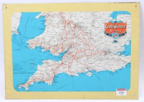 An original early 20th century Great Western Railway tin map depicting the Great Western railway