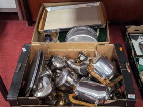 Two boxes of metal ware to include piquet ware part tea set, silver plated flat ware, and brass