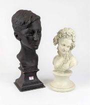 *A painted composite bust of a young man, upon a swept plinth, height 53cm, together with a resin