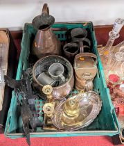 A collection of 19th century and later metalware to include copper watering can, copper jugs and