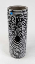 A cylindrical pottery stickstand decorated with zebra, height 59cm