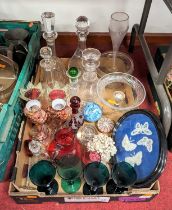 A collection of glassware to include cut glass decanter and stopper of mallet shape, height 32cm,