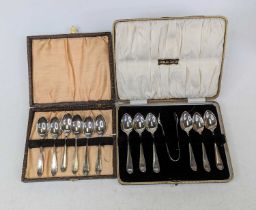 A set of six George V silver teaspoons and sugar nips, cased; together with another set of six